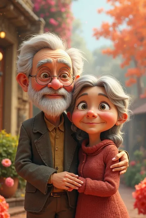 Abraham and Sara , a married couple who at an older age in Disney Pixar 3D style 