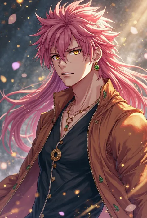 an adult man, pink salmon hair, Long hair golden eyes, beautiful, fairy tail, Natsu Dragonell,  Japanese anime .