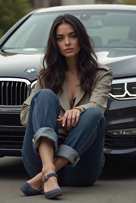 I need a picture of me sitting next to a BMW car,  I am a tall girl,  a bit fat with dark hair and long,I can't see my face clearly 