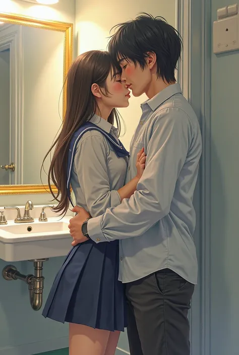 anime sex scene of a man and a woman kissing in a bathroom, a pastel by Kentaro Miura, pixiv, process art, a hyperrealistic schoolgirl, (sfw) safe for work, loli, kissing together cutely, realistic schoolgirl, hyperrealistic schoolgirl, | fine detail anime...