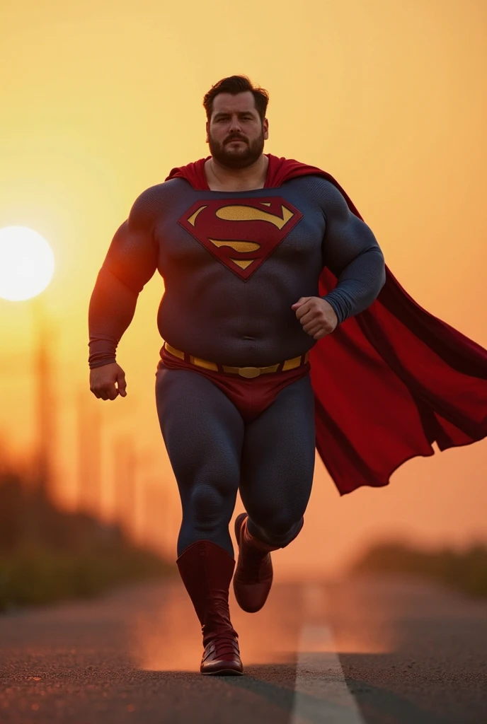 obese Superman running under the sunset, his determined face while losing weight and gaining muscle. In a sequence of images, he will become stronger and more defined, until he achieves his iconic physique."