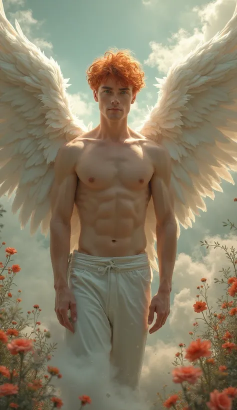 Handsome man with angel wings, redhead,  showing her naked body, green eyes in a place full of clouds and flowers