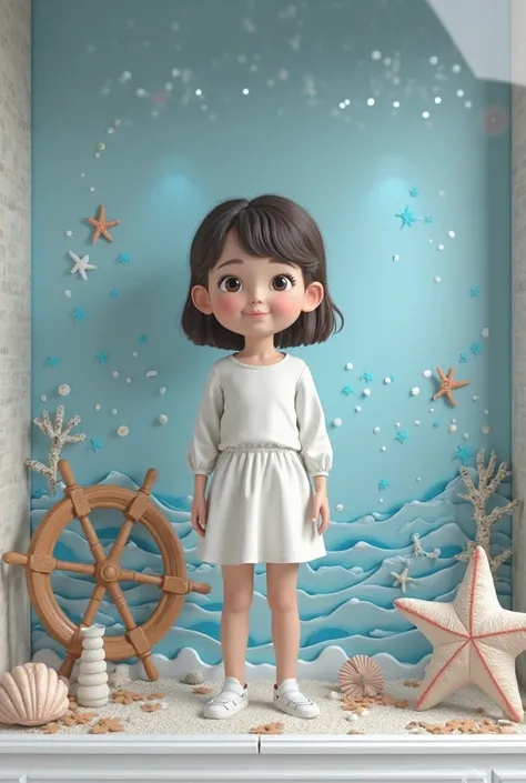 "Create a 3D model of a young girl standing inside a ren's store display window. She is wearing a plain white blouse and a simple white skirt. The store display has a nautical theme, featuring ocean elements such as seashells, starfish, waves, and soft blu...