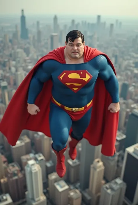 "overweight Superman flying over Metropolis, fighting villains even without being in his best shape. Over time, He gets stronger and more muscular, showing that continuous effort leads to transformation."