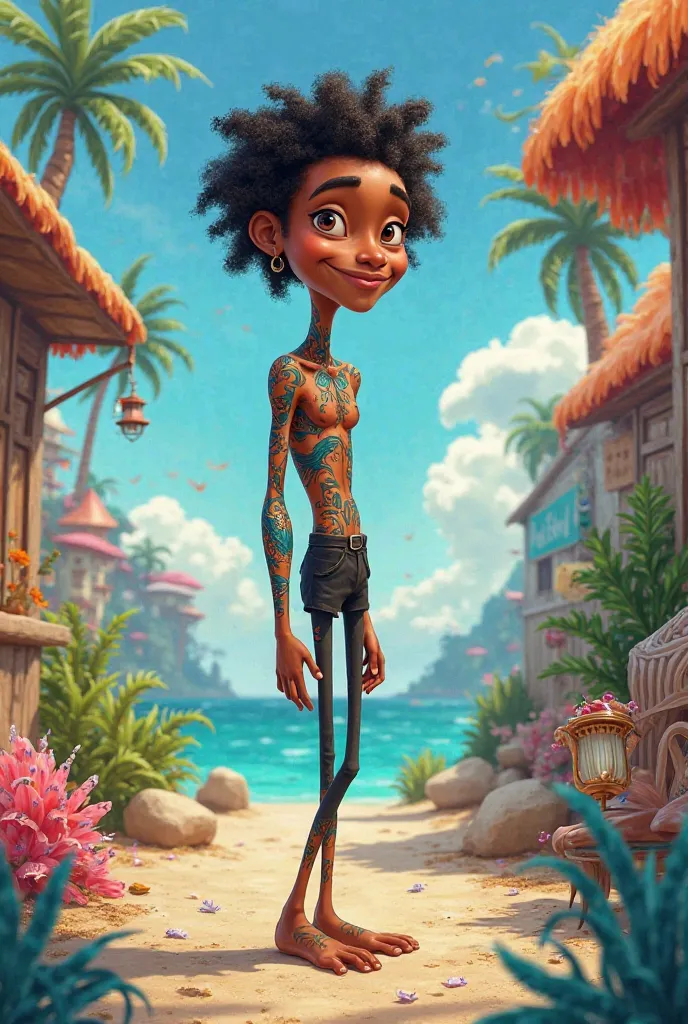  cartoon character , tall skinny black man, with a sea tattoo on her arm 