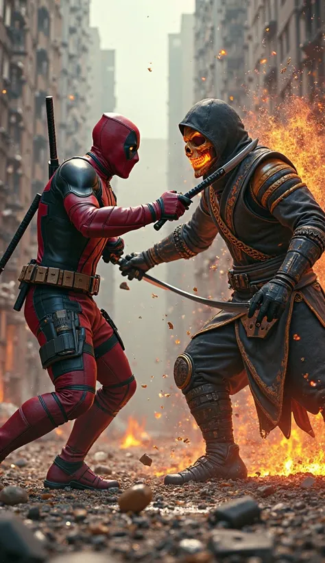 Deadpool fighting Scorpion from Mortal Kombat