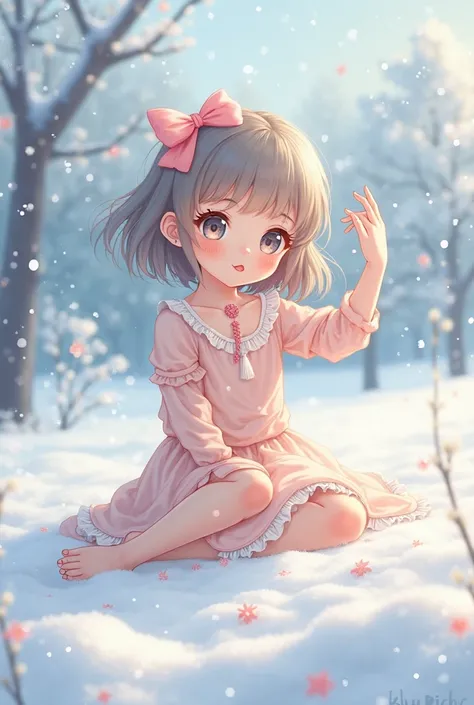 Cute anime girl sitting in the snow while she's holding up one of her arm, make her a ager