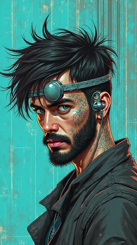 The image represents a character with a futuristic and cybernetic aesthetic. He has dark hair and disheveled that rises slightly, giving it a rebellious look.  Its face is expressive , with a well-groomed beard that highlights the jaw and a touch of hardne...