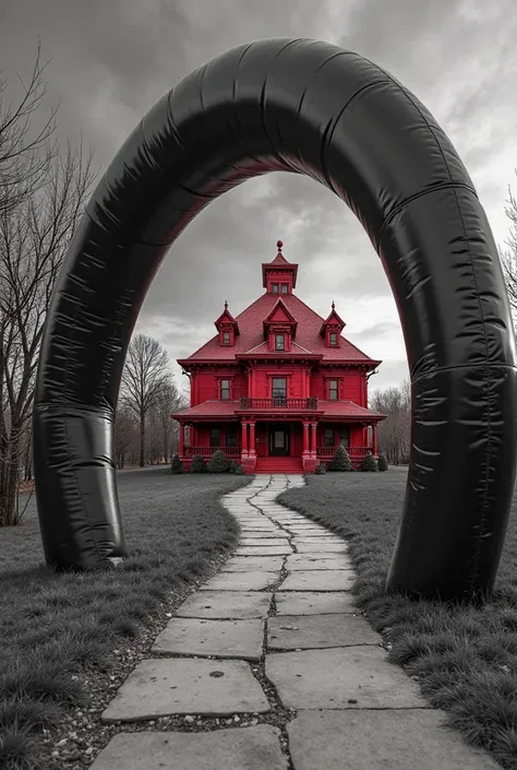 An inflatable tunnel with the image of a red funeral home,  black and white 
