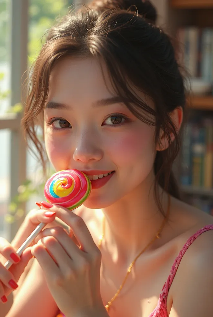 A young woman enjoying a lollypop