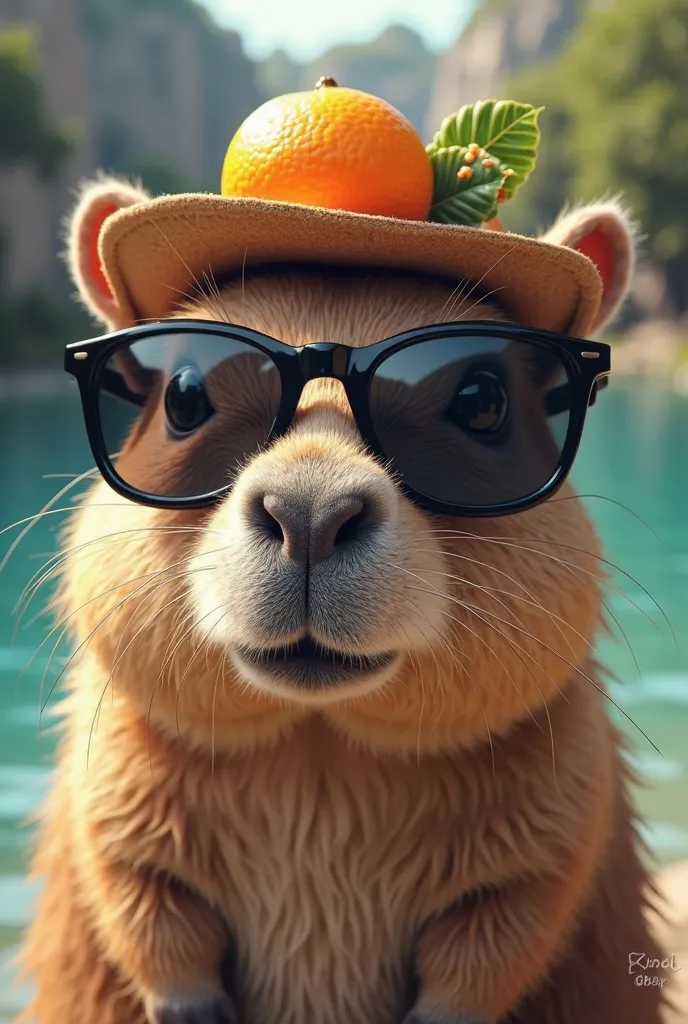 Give me a cute capybara with dark glasses with a hat that has an orange on it 