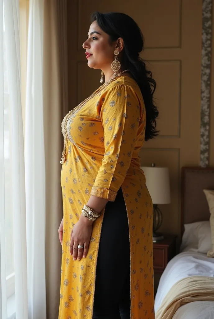 I am 40 year old plus size tall and big giant indian muslim women, looking like indian actress hansika motwani, wearing a gold boarded short hand full length side slit open kurti ,and shining reflective black short length capri leggings ,golden nose rings,...