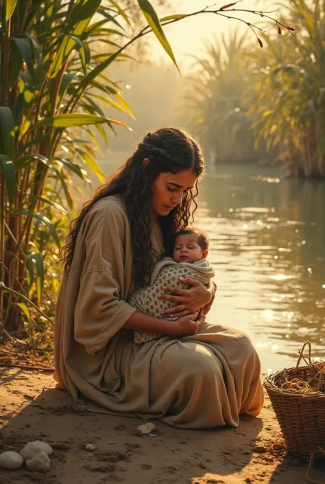 1. A Hebrew mother, wearing a simple linen dress, kneels by the Nile River, weaving a small basket from reeds. Tears glisten on her cheeks as she cradles her sleeping baby, whose tiny face is peaceful and unaware of danger. The golden Egyptian sun casts a ...