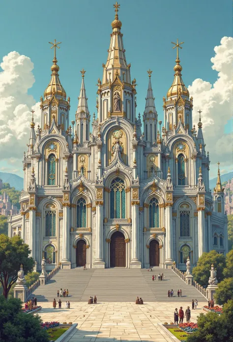 A realistic medieval fantasy portrait of a majestic and imposing temple. The temple is located on the highest hill from a medieval city. The building is a masterpiece of white marble columns and towering spires that elegantly reach toward the sky, crowned ...