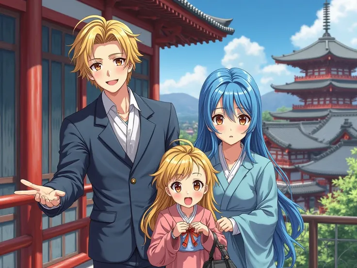 faite moi une famille de 4 garçon et 1 une mère et 1 pére.japonais cheveux  bleu et jaune stylé yeux rouge stylé artificiel bien habiller en fonds dans un balcons de l'hotel avec des temple japonais.de l'anime blue lock 

