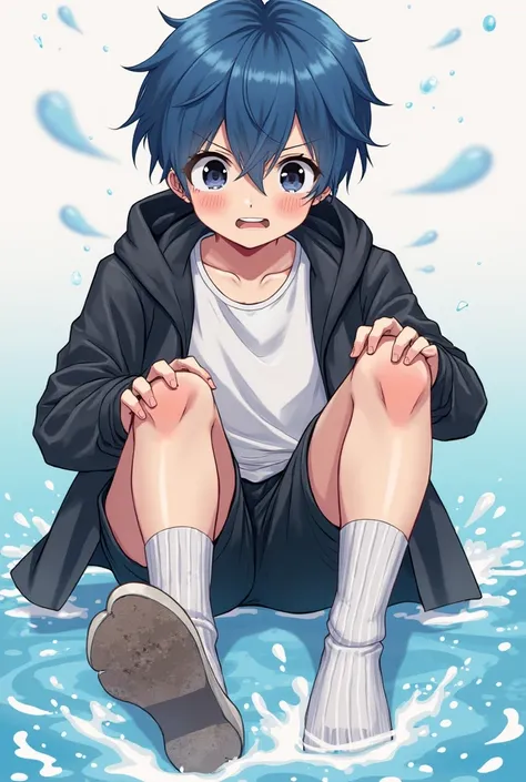  Cute boy,  showing off its legs from a low angle，Sports socks ， Dirty socks ,  blue hair ,这个男孩有一头蓝色的短发和Black eyes.，Black eyes， white t-shirt ， black jacket and black pants ，best quality,  very detailed,  Masterpiece , extremely detailed,  illustration, fo...