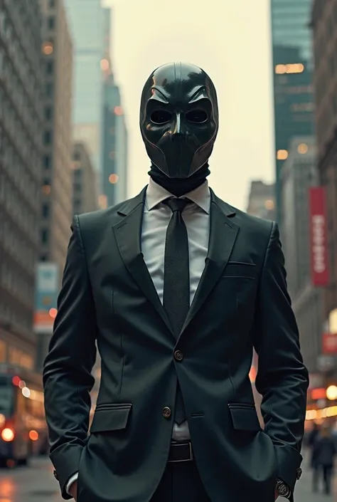 Create me a Buissnesman with a suit and a lot of money who never gives up and always strives for profit and is a hustler and he wears a mask 