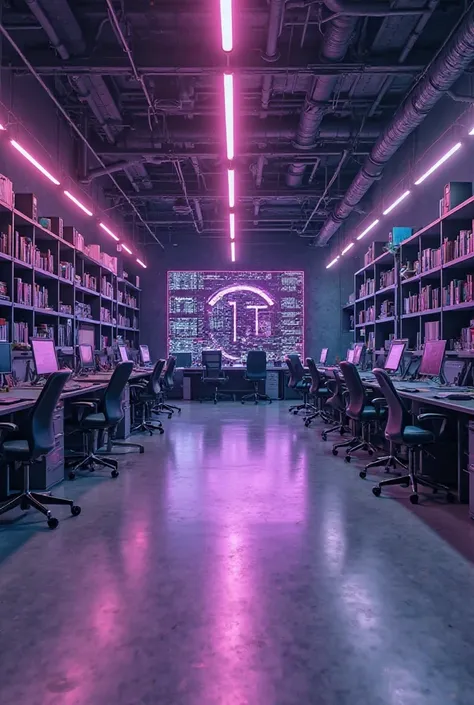 A spacious workplace with a longitudinal corridor with a preconceived IT logo in purple and burgundy colors on the opposite wall consisting of shelves filled with security systems material material and on the left side of computer material shelves 