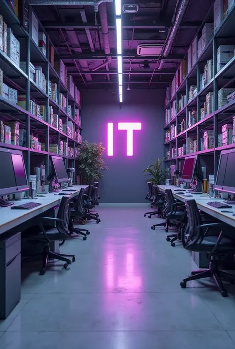 A spacious workplace with a longitudinal corridor with a preconceived IT logo in purple and burgundy colors on the opposite wall consisting of shelves filled with security systems material material and on the left side of computer material shelves 