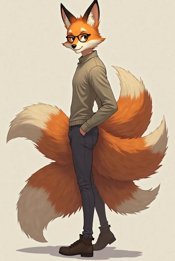 A male human that has fox ears and six tails and glasses