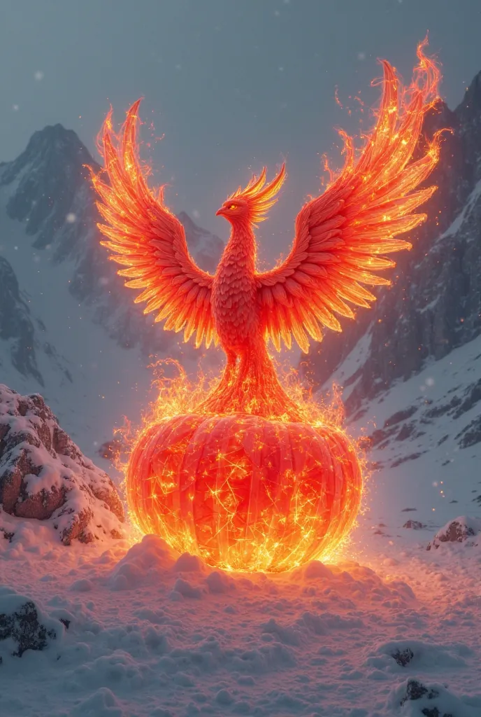 (highly Detailed) (realistic) A PHOENIX solely Made OF RADIANT RED FLAME BORN FROM A FIRECRYSTAL TOMATO  in a Tundra Environment

