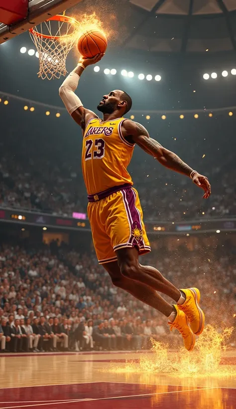 "LeBron James jumping in the air to make a slam dunk, dynamic pose, basketball in hand, golden fire trail, high resolution, detailed muscles, professional lighting, basketball court background."