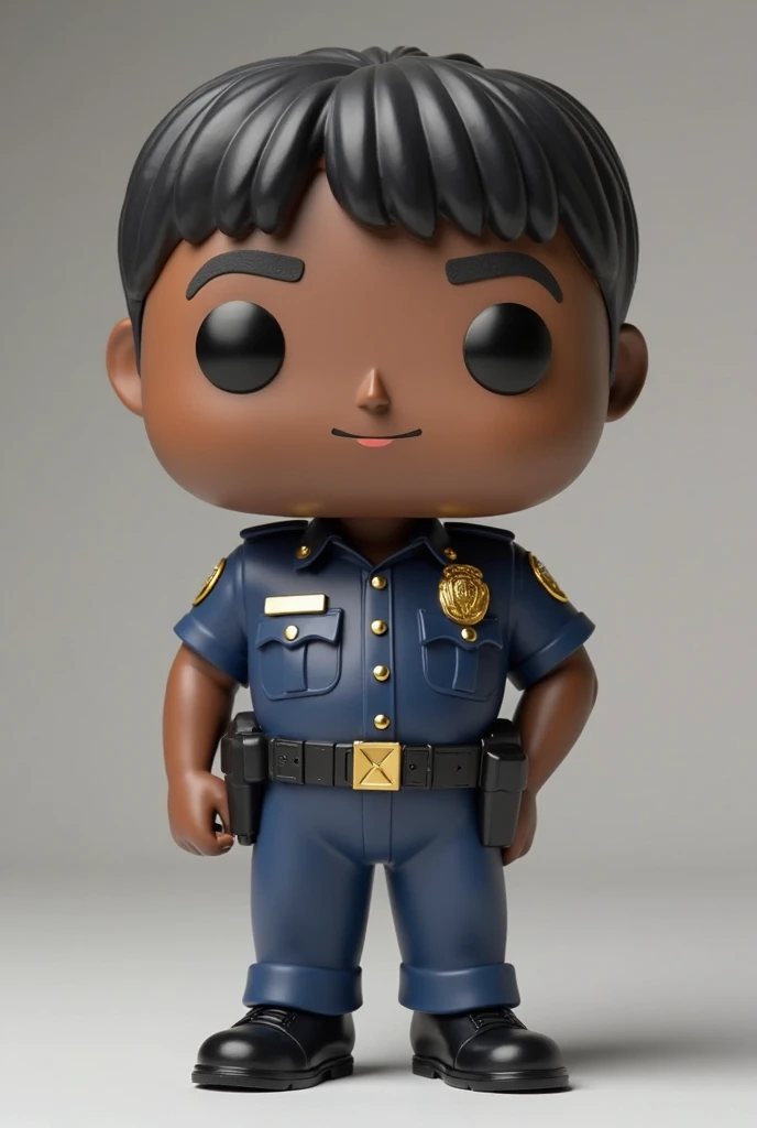 Generate a funko pop image of an Ecuadorian cop, chubby body,  dark skin, straight black hair  