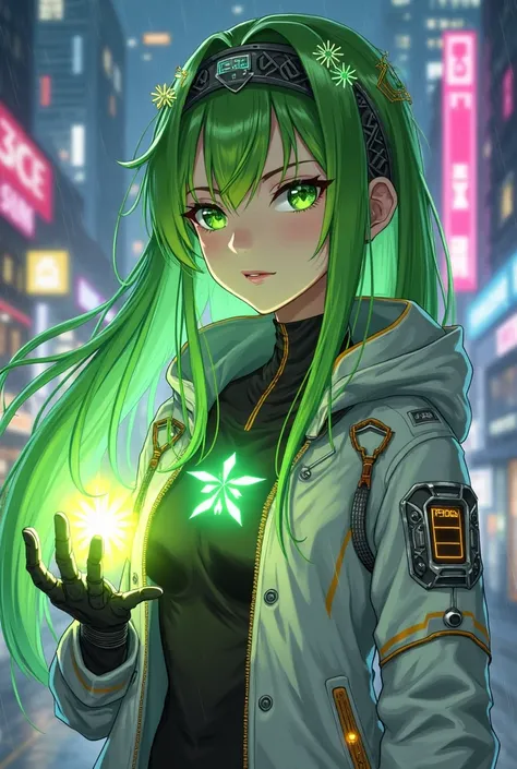 A female anime-style character fused with a Cyberpunk. Her long, bright green hair with neon reflections glows in the dark, with cybernetic locks integrated into her hairstyle. aesthetic She wears a metal headband with circuits that simulate branches and d...