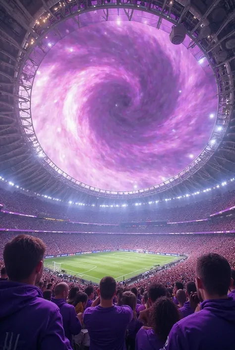 Inside soccer stadium with purple hurricane background
