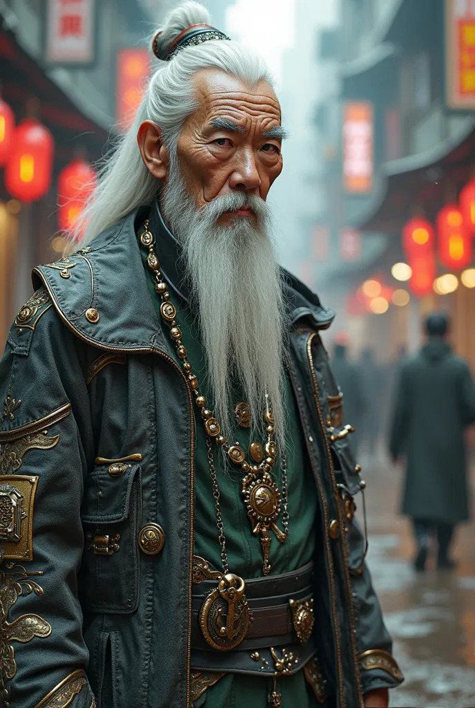 Men, Chinese style, long white hair, cyberpunk, vintage clothing, HD, mecha, full body,