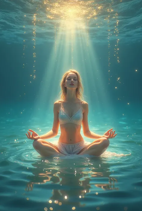 Create me a meditating Woman in the Sea illuminated with golden and purple light