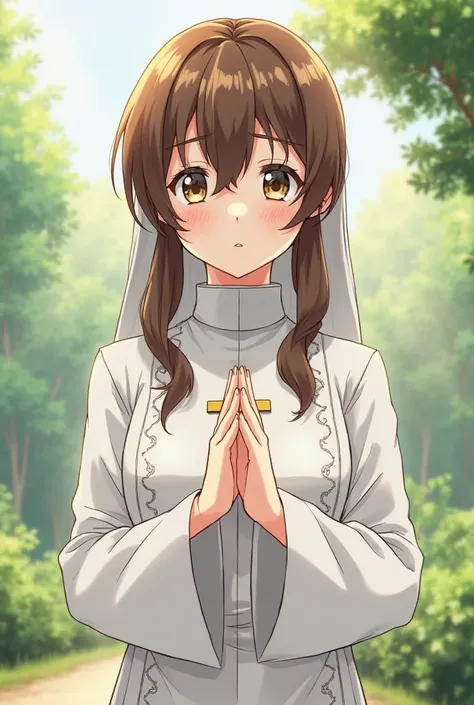 Create an anime girl with brown hair and pigtails. Dressed as Sister Healer 