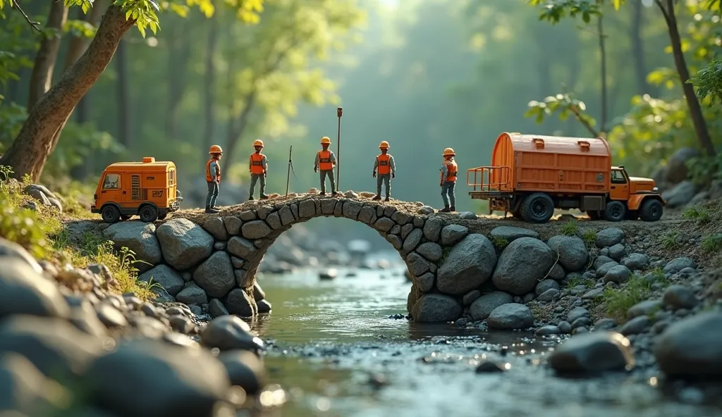 3D,animated, realistic, cinematic, hd, 8k, colorful, masterpiece, professional macro photograph of 9 tiny worker build a iron bridge length of 5 feet between top of the two stone rock at the green river of the forest. some ladder are using, painting and cu...