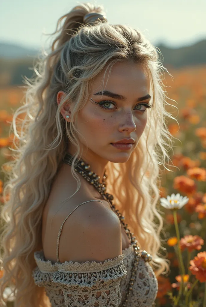 Viking warrior girl,Waling through field of flowers,Natalie dormer, Ethereal,Portrait,Closeup, portrait,girl posing,Closeup candid photo,Hailee steinfeld  and Maddison beer ,,Closeup,Young ,Voluptuous,,Youthful , ,Skinny,luxurious,Smokey eyes,Closeup,Haile...