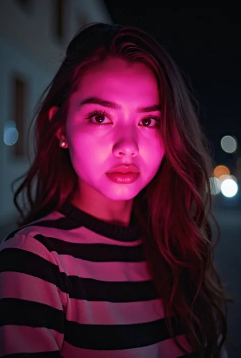 arafed woman with a pink face and a black and white striped sweater, selfie of a young woman, glowing pink face, profile pic, taken in the early 2020s, at night, face is brightly lit, taken in the night, profile image, photo taken at night, 30 years old wo...