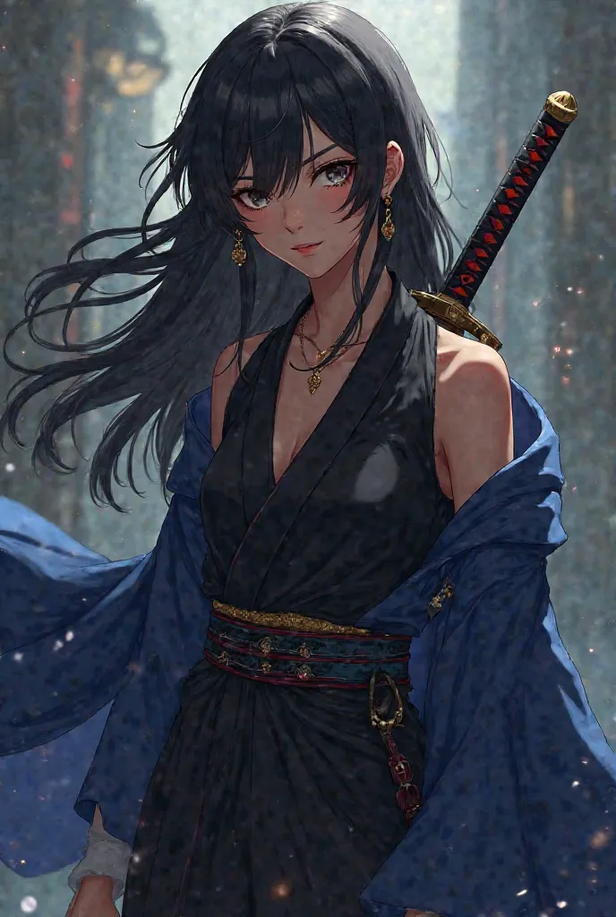  Make an anime-style character, Brown skin,  wearing a black kimono , Katana with a Cape in blue details.  long black hair 