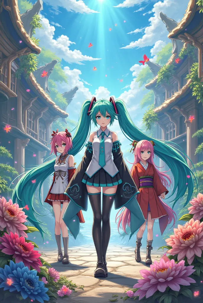 Take a picture of Hatsune Miku, Mitsuri Kanroji and Shinobu Kocchio all three in one photo