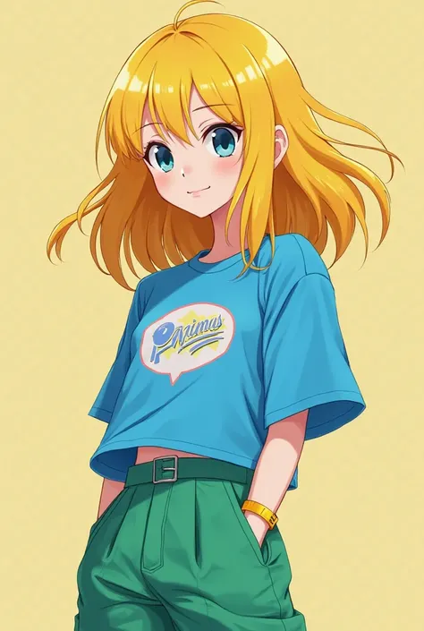 Image of a yellow-skinned woman with smooth yellow hair and green pants, blue anime t-shirt