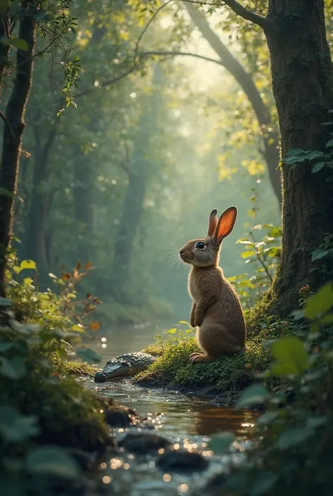 In a dense forest near a river, where a crocodile lurked, a clever and cunning rabbit named Remy lived. Remy was always on the lookout for danger, his big brown eyes scanning the surroundings for any sign of the predator. One day, while out foraging for fo...