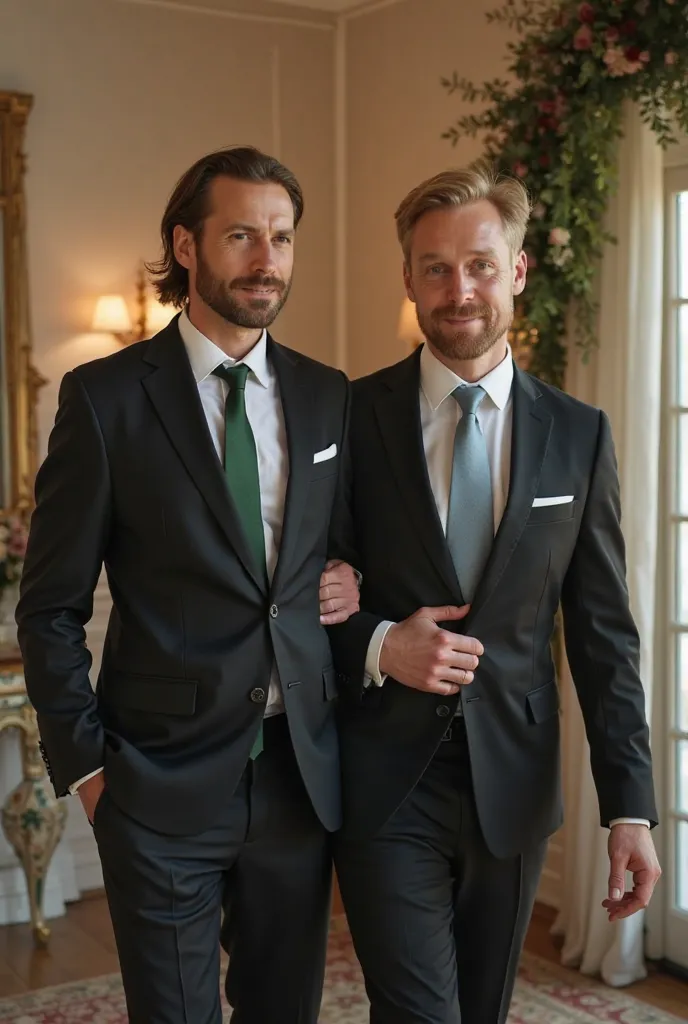 Handsome mature Russian with shoulder-length hair and thin beard dressed in a black groom's suit with a white shirt and green tie holding a handsome young white man with short blond hair with a budding beard dressed in a black groom's suit with a white shi...