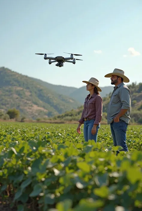 A couple of agronomists, Man and woman, with cowboy hat, in a Zacatecan landscape, where you can see a bean crop, and a drone for agricultural use 