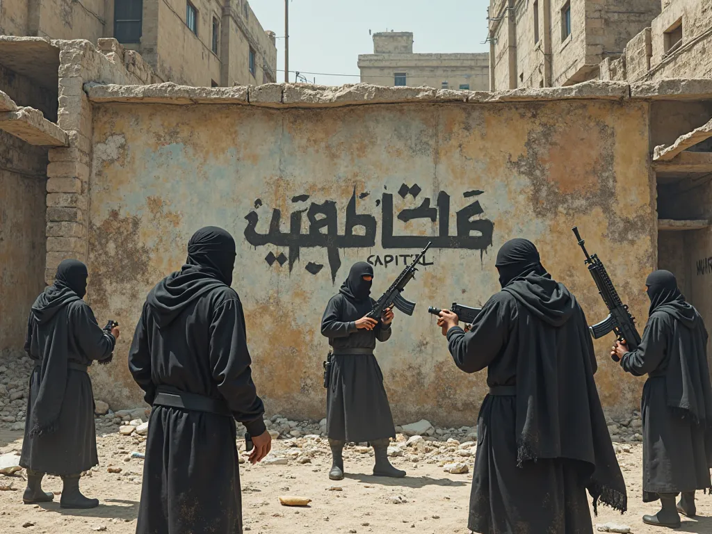 A photo of a large wall in a war-torn city covered in graffiti. The graffiti says "CAPITAL" and contains Arabic gibberish. Men dressed in terrorist outfits pose in front of the wall, wearing black masks and carrying guns. The atmosphere is tense and somber...