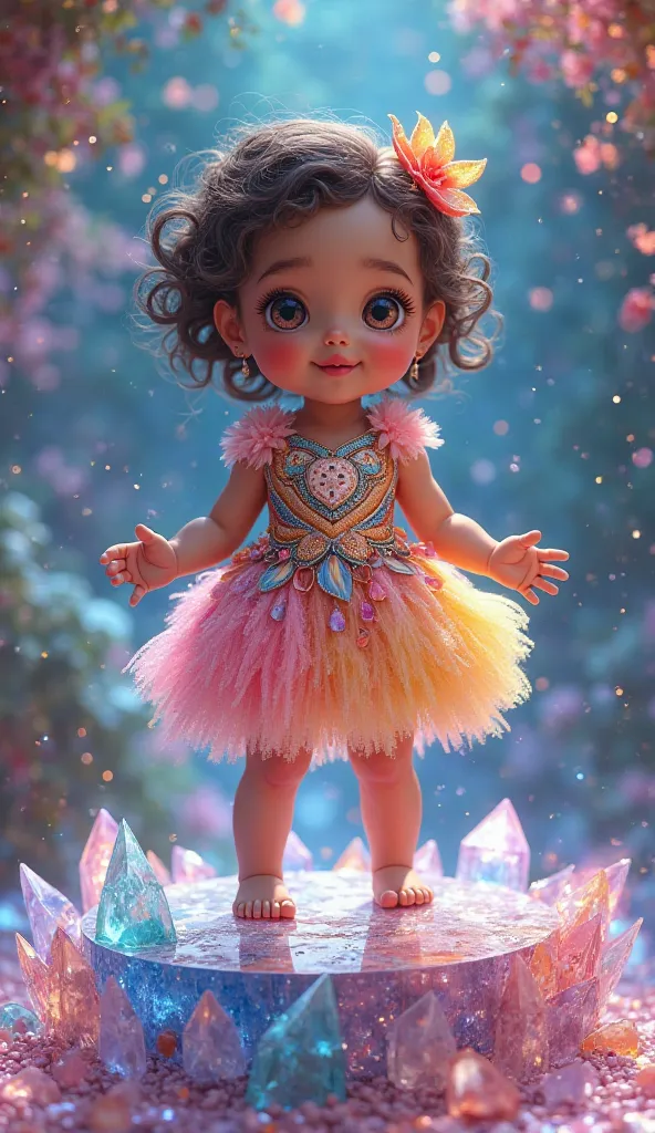 Human baby female body in all colorful outfit tiny colorful crystals. is standing on top of a small crystal stage