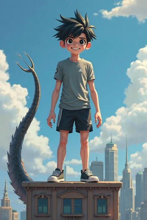 An artificial zilla ,  a boy,  Medium to thin body ,  has sharp black hair ,  with a fanged smile ,  wears a gray shirt and adidas black shorts ,  black pupils , has claws on its toes and hands, a lizard tail with the same skin color,   directly into the a...