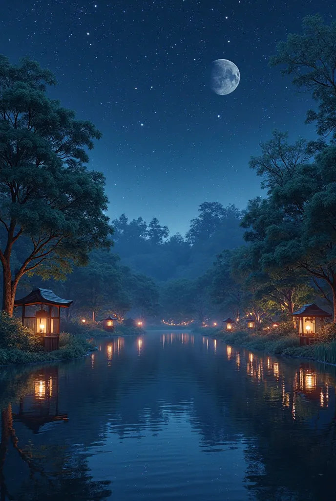 Create a night image with a spectacular view. There is a small lake with water reflecting the stars in the night sky, and the surrounding trees are illuminated by Japanese lanterns.*

