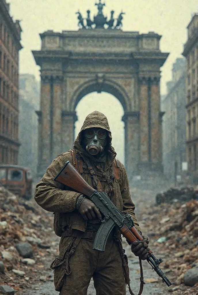 Make a big image with Arcul de triumf (triumphal arch)from Romania in post apocaliptic style , and a man Alone ,  with and ak and gasmask
