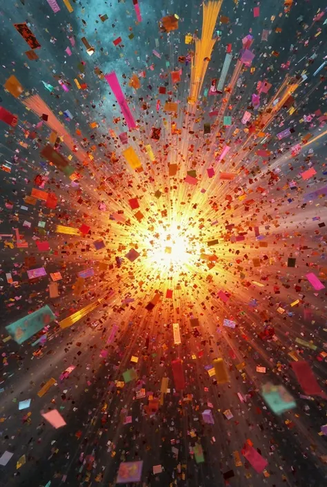 explosion from the center of colored shredded paper and colored paper ribbons and colored dust on a dark background