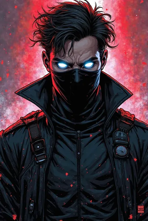 A character with Gambit hair colored in black, The mask of the Gambit, clothes all black military style, the mask also in the color black, white eyes vampire style, style of an American comic cartoon.