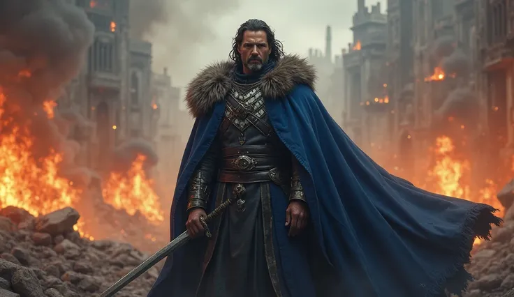 A battle-hardened ruler stands amidst the burning ruins of his once-great empire. His deep blue cloak, lined with regal fur, billows in the smoke-filled wind as flames consume the city behind him. His piercing gaze is locked onto the advancing enemy, his g...