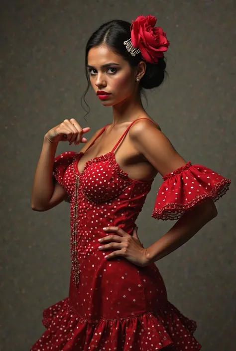 "Portrait of a brown Spanish woman, with strong features and intense look, dressed in an elegant red flamenco dress with white polka dots. The fabric flows with ruffles on the sleeves and skirt,  highlighting your figure . His pose is defiant,  with one ha...